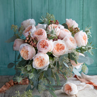Bouquet of Juliet roses with a distinctive full cupped rose with voluminous petals, that ombré beautifully from soft peach to warm apricot.