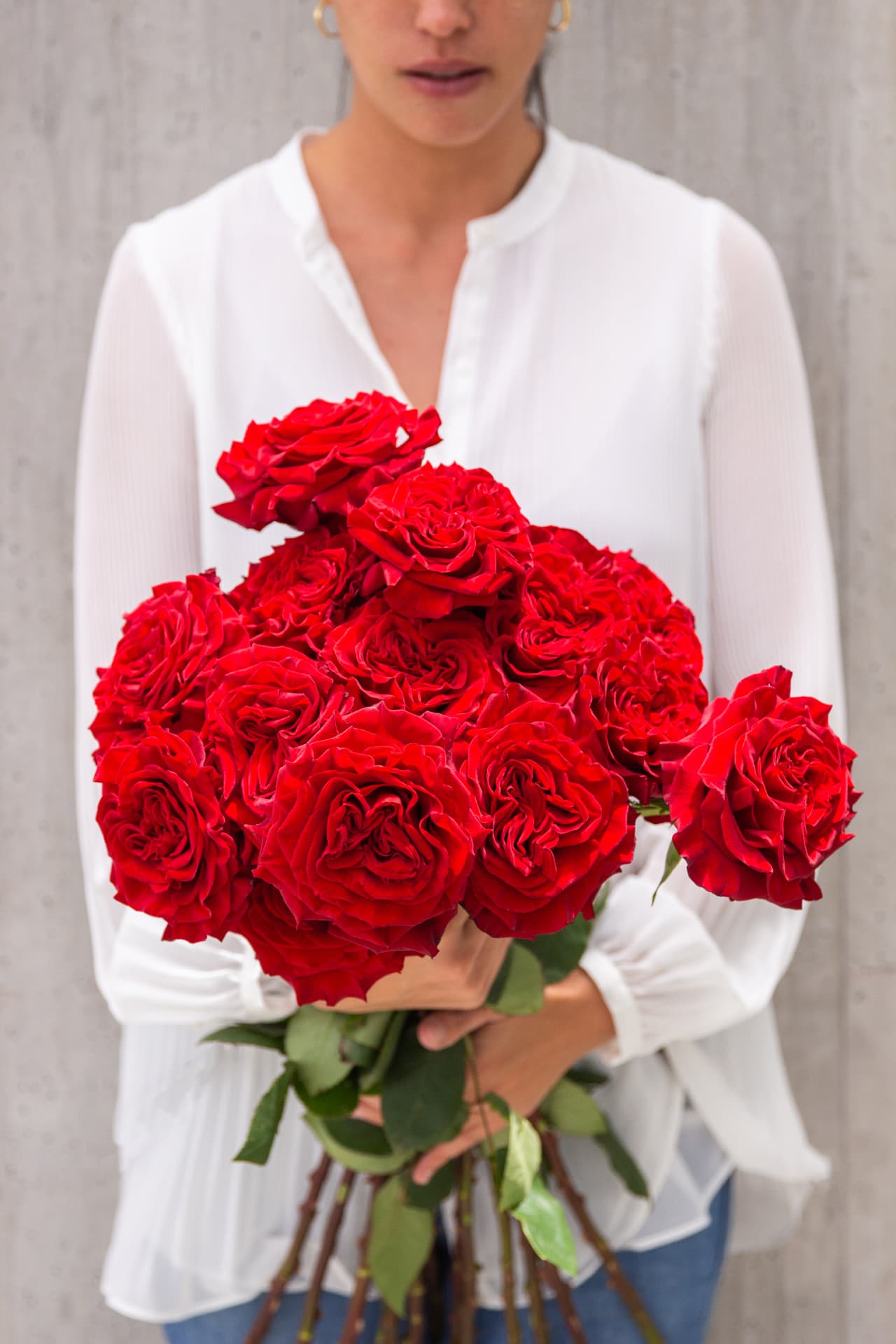 Deep red garden roses held in both arms